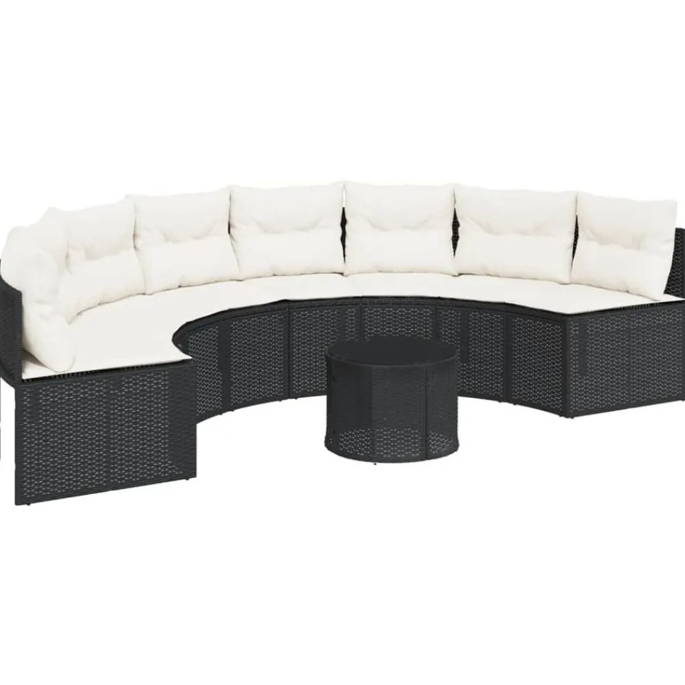 Tuinbank met tafel en kussens halfrond poly rattan zwart>vidaXL Outlet