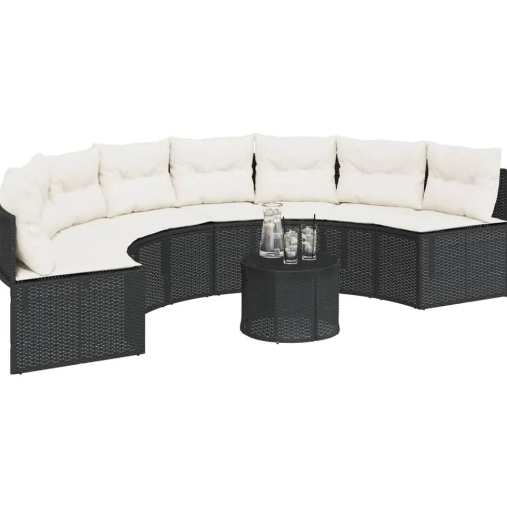 Tuinbank met tafel en kussens halfrond poly rattan zwart>vidaXL Outlet