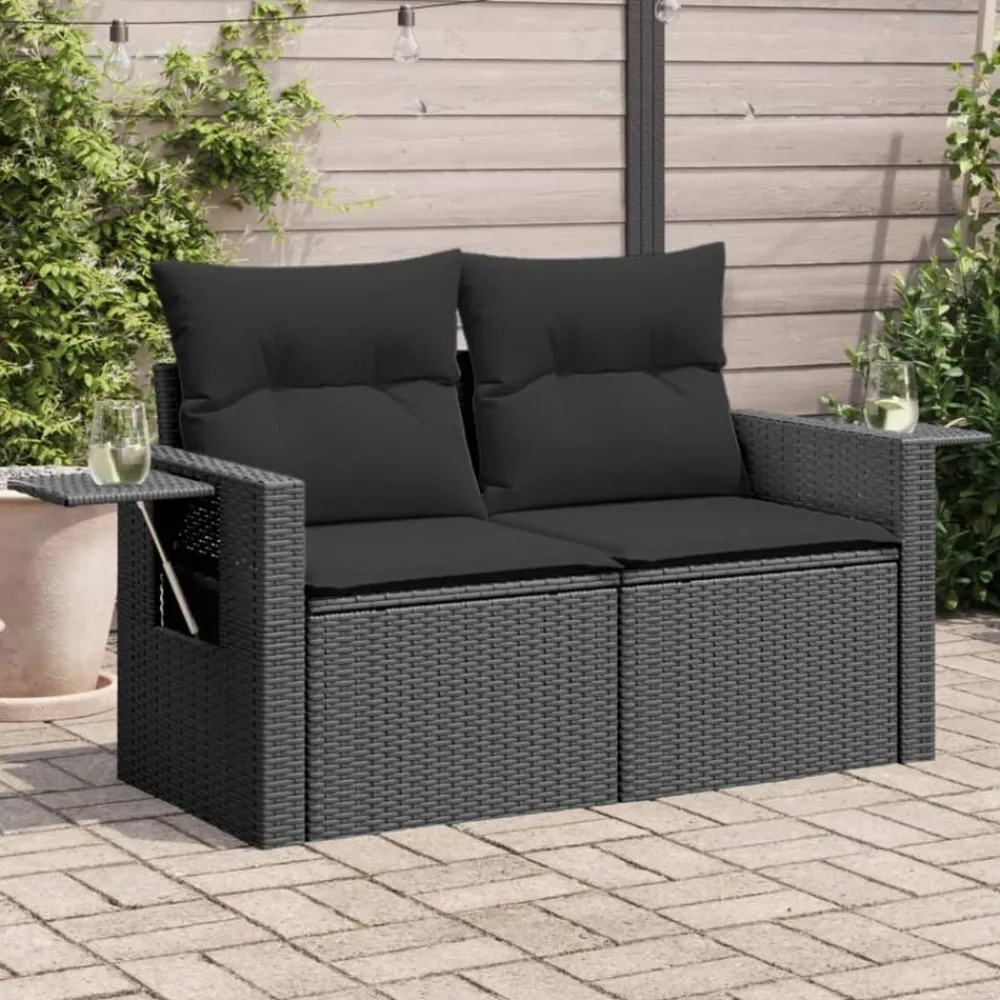 Tuinmeubelen*vidaXL Tuinbank 2-zits met kussens poly rattan Zwart