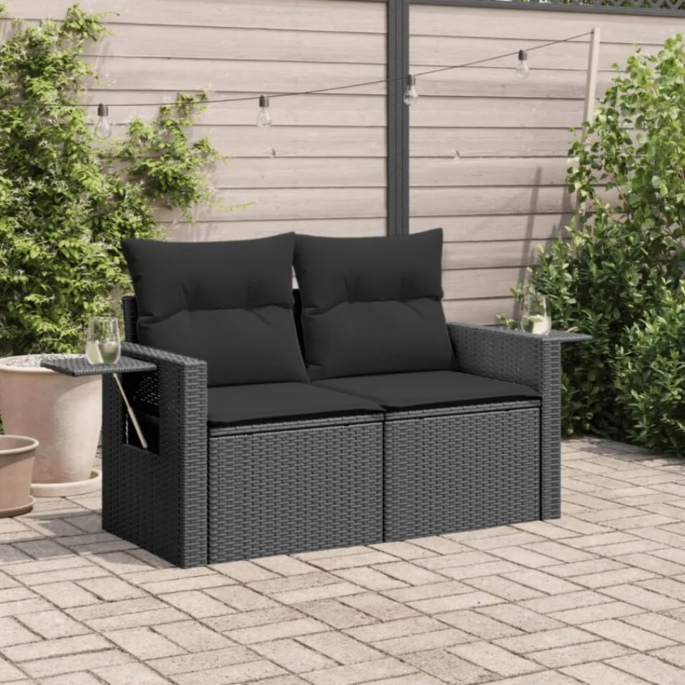 Tuinmeubelen*vidaXL Tuinbank 2-zits met kussens poly rattan Zwart