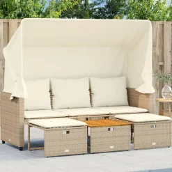 Tuinmeubelen*vidaXL Tuinbank 3-zits met luifel en voetenbanken poly rattan Beige