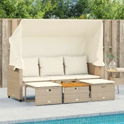 Tuinmeubelen*vidaXL Tuinbank 3-zits met luifel en voetenbanken poly rattan Beige