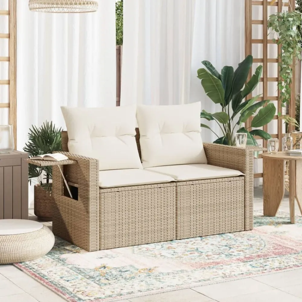 Tuinbank 2-zits met kussens poly rattan beige>vidaXL