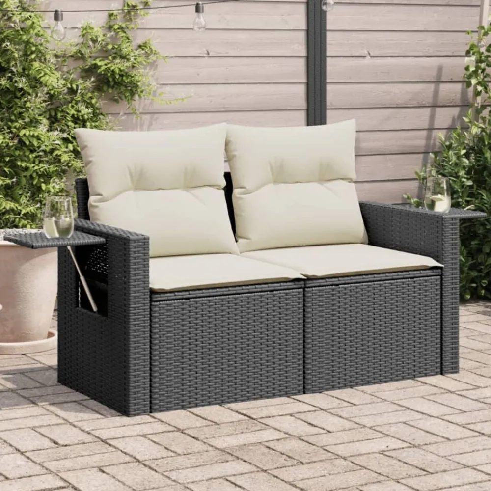 Tuinmeubelen*vidaXL Tuinbank 2-zits met kussens poly rattan zwart Zwart en crème