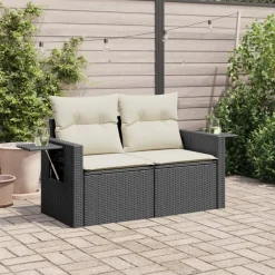 Tuinmeubelen*vidaXL Tuinbank 2-zits met kussens poly rattan zwart Zwart en crème