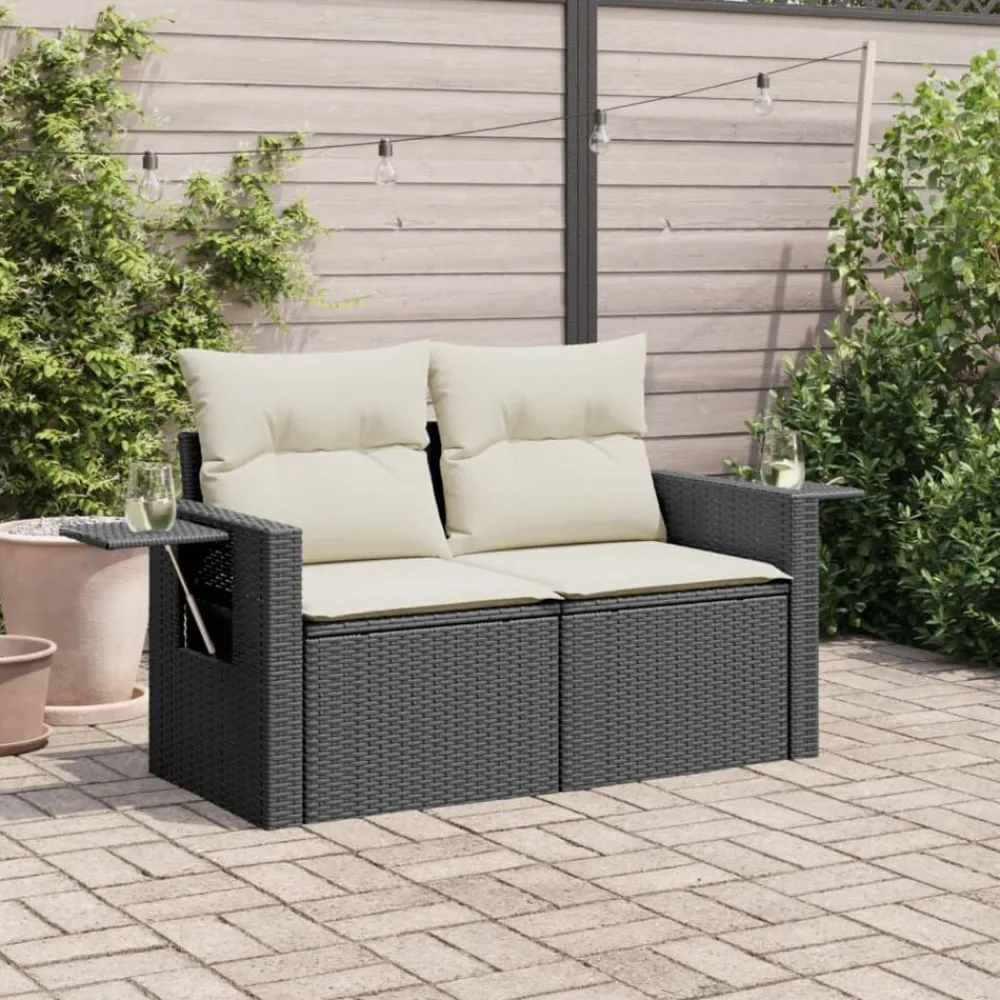Tuinmeubelen*vidaXL Tuinbank 2-zits met kussens poly rattan zwart Zwart en crème