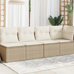 Tuinmeubelen*vidaXL Tuinbank 4-zits met kussens poly rattan beige beige en cr&egrave;mekleurig
