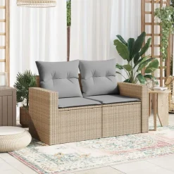 Tuinbank 2-zits met kussens poly rattan beige><noscript><img width=