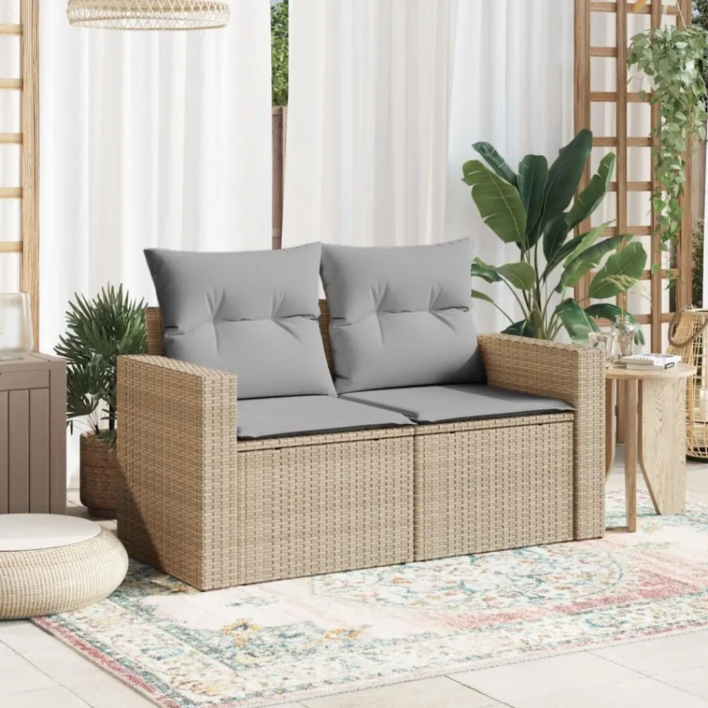Tuinbank 2-zits met kussens poly rattan beige>vidaXL Best