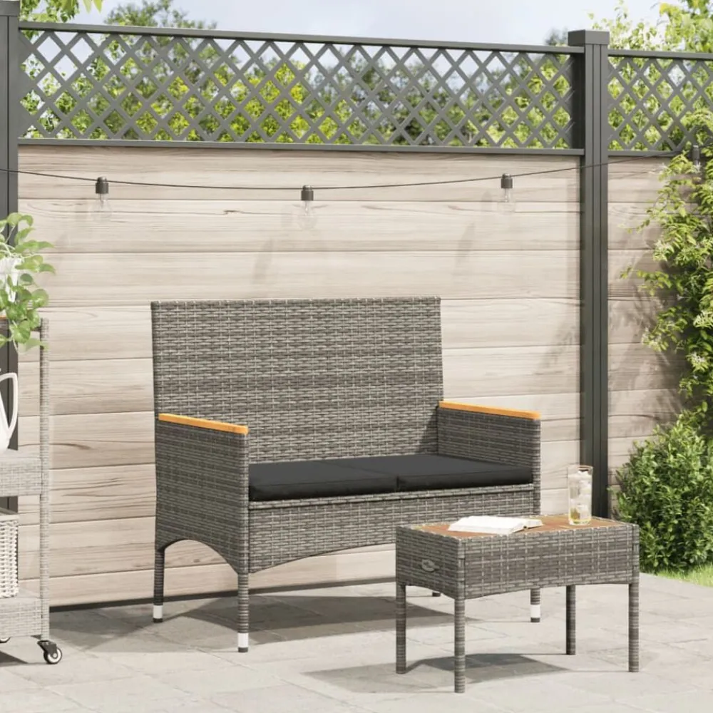 Tuinmeubelen*vidaXL Tuinbank 2-zits met kussens en tafel poly rattan Grijs