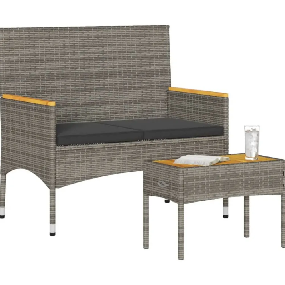 Tuinmeubelen*vidaXL Tuinbank 2-zits met kussens en tafel poly rattan Grijs