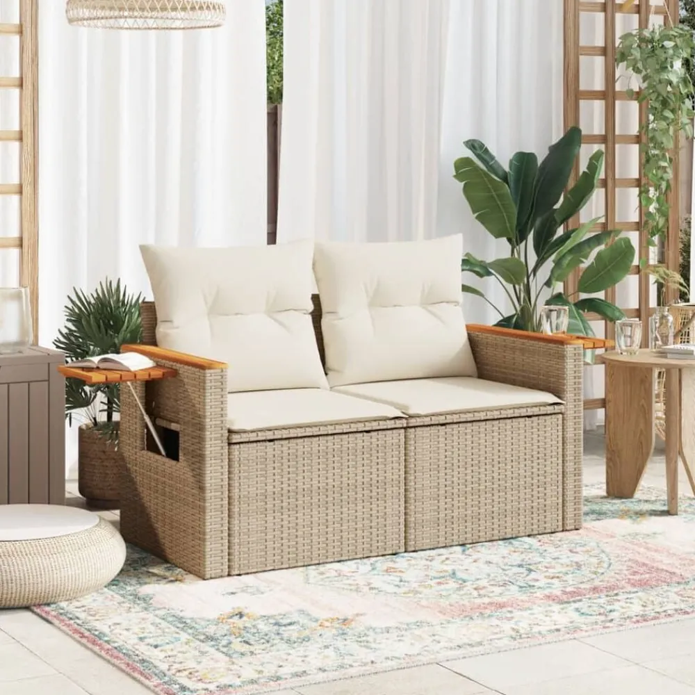Tuinbank 2-zits met kussens poly rattan beige>vidaXL Sale