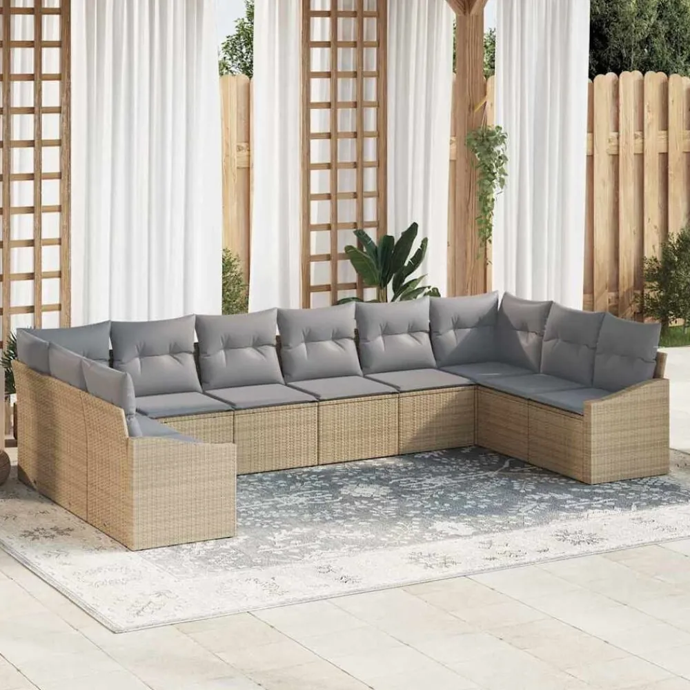 Tuinmeubelen*vidaXL Tuinbankenset 10 pcs Beige en Licht Grijs poly rattan beige en lichtgrijs