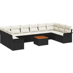 Tuinmeubelen*vidaXL Tuinbankenset met kussen 11 pcs Zwart poly rattan Zwart en crème