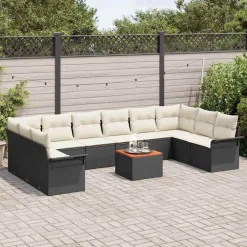 Tuinmeubelen*vidaXL Tuinbankenset met kussen 11 pcs Zwart poly rattan Zwart en cr&egrave;me