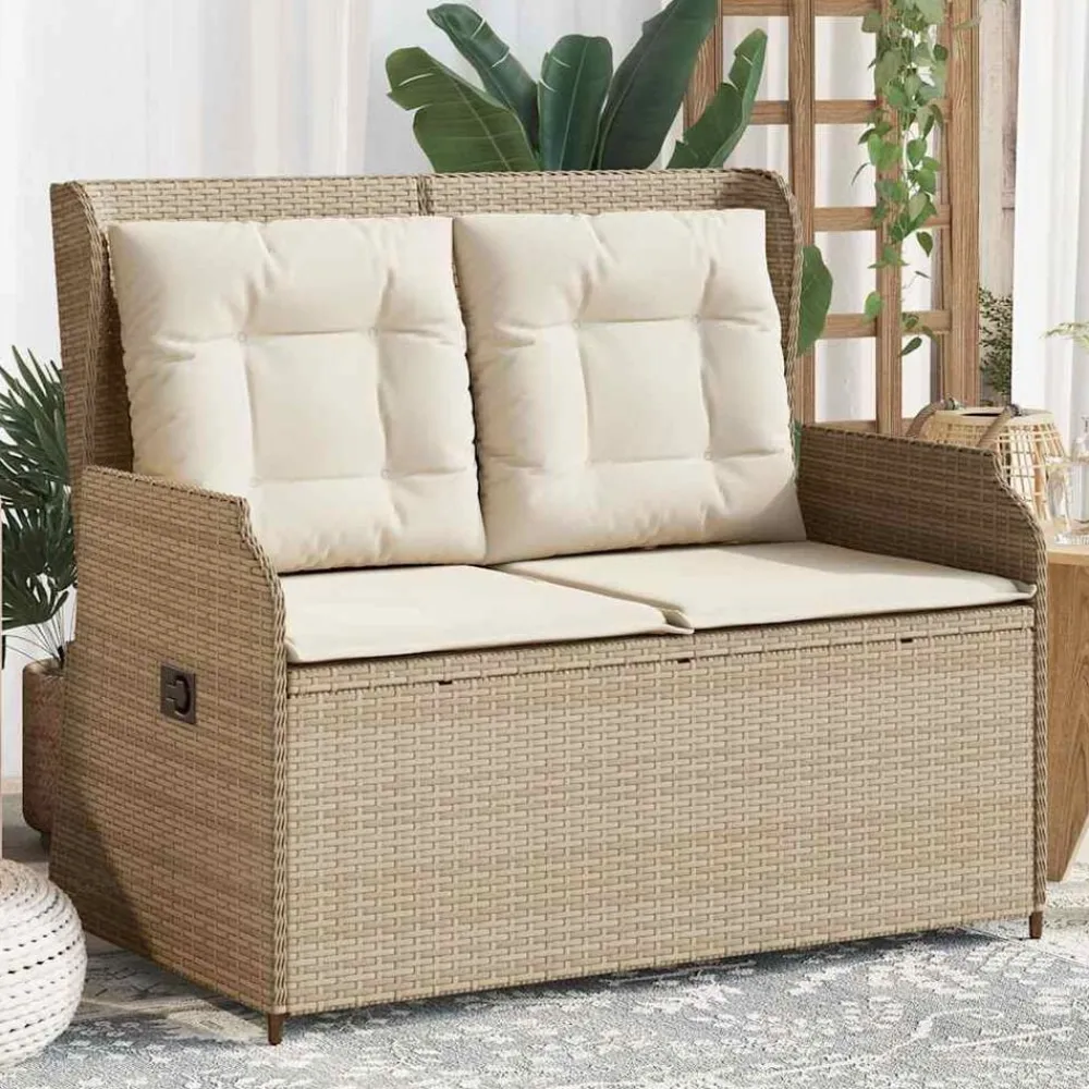 Tuinmeubelen*vidaXL Tuinbankje verstelbaar met kussens poly rattan beige beige en crèmekleurig