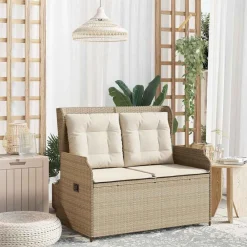 Tuinmeubelen*vidaXL Tuinbankje verstelbaar met kussens poly rattan beige beige en crèmekleurig