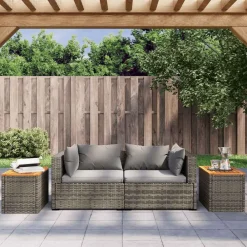 Tuinmeubelen*vidaXL Tuinbijzettafels 2 st 55x34x37 cm poly rattan en hout Grijs