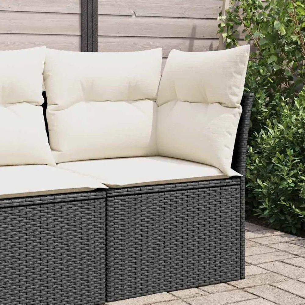 Tuinmeubelen*vidaXL Tuinhoekbank met kussens poly rattan zwart Zwart en crème