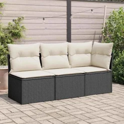 Tuinmeubelen*vidaXL Tuinhoekbank met kussens poly rattan zwart Zwart en crème