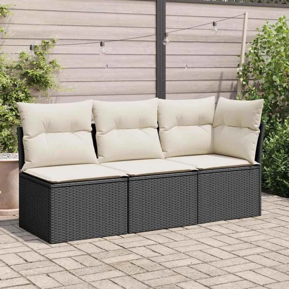 Tuinmeubelen*vidaXL Tuinhoekbank met kussens poly rattan zwart Zwart en crème