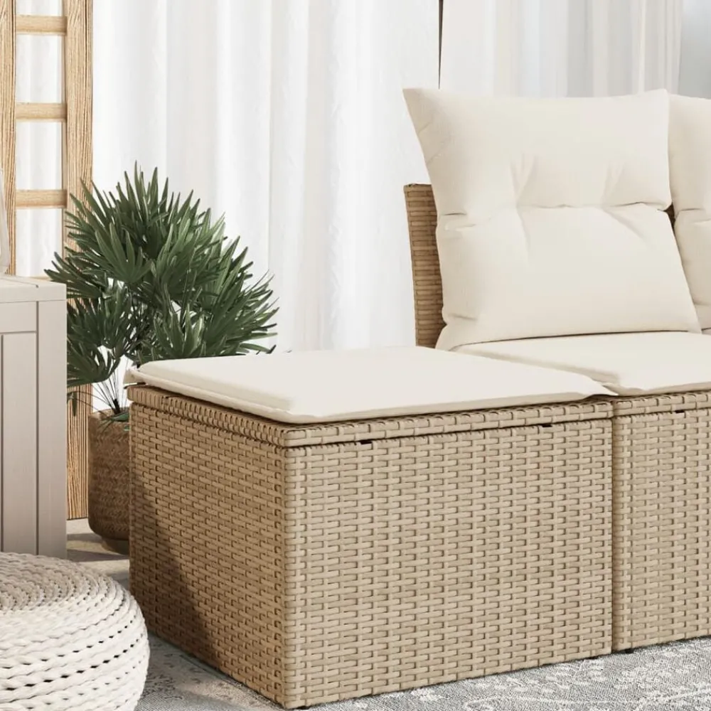 Tuinmeubelen*vidaXL Tuinkruk met kussen 55x55x37 cm poly rattan beige beige en crèmekleurig