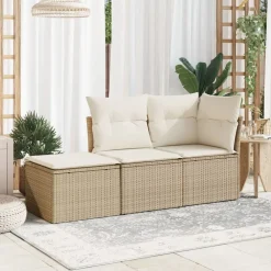 Tuinmeubelen*vidaXL Tuinkruk met kussen 55x55x37 cm poly rattan beige beige en crèmekleurig