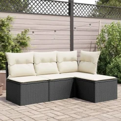 Tuinmeubelen*vidaXL Tuinkruk met kussen 55x55x37 cm poly rattan zwart Zwart en cr&egrave;me