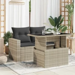 Tuinmeubelen*vidaXL Tuintafel met glazen blad 100x55x73 cm poly rattan Lichtgrijs