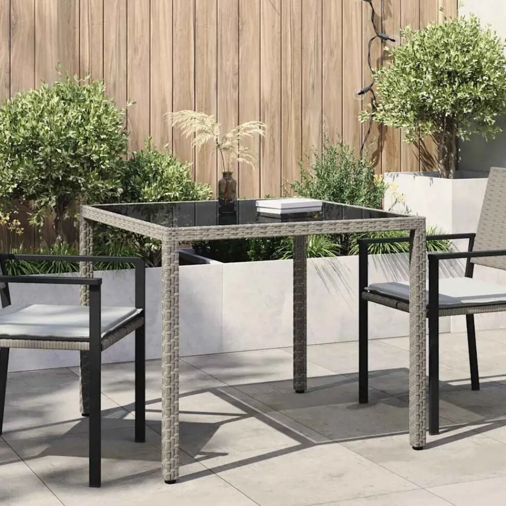 Tuintafel 90x90x75 cm gehard glas en poly rattan>vidaXL