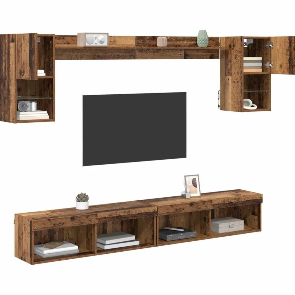 TV Wand Eenheden met LED met LED 6 pcs Oudhout Bewerkt hout>vidaXL