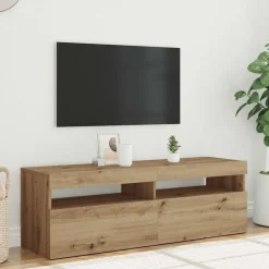 Tv-meubel met LED 120x35x40 cm bewerkt hout artisanaal eiken><noscript><img width=