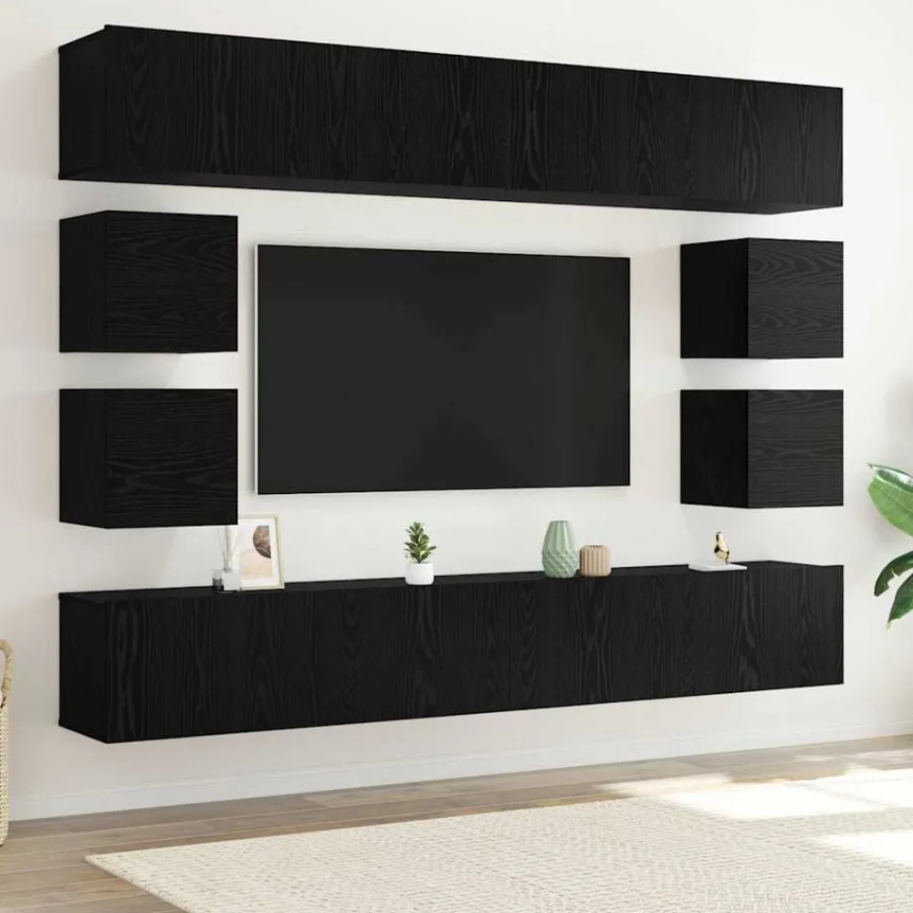 Tv-meubelset Wandgemonteerd Zwart Eiken Bewerkt hout>vidaXL Online