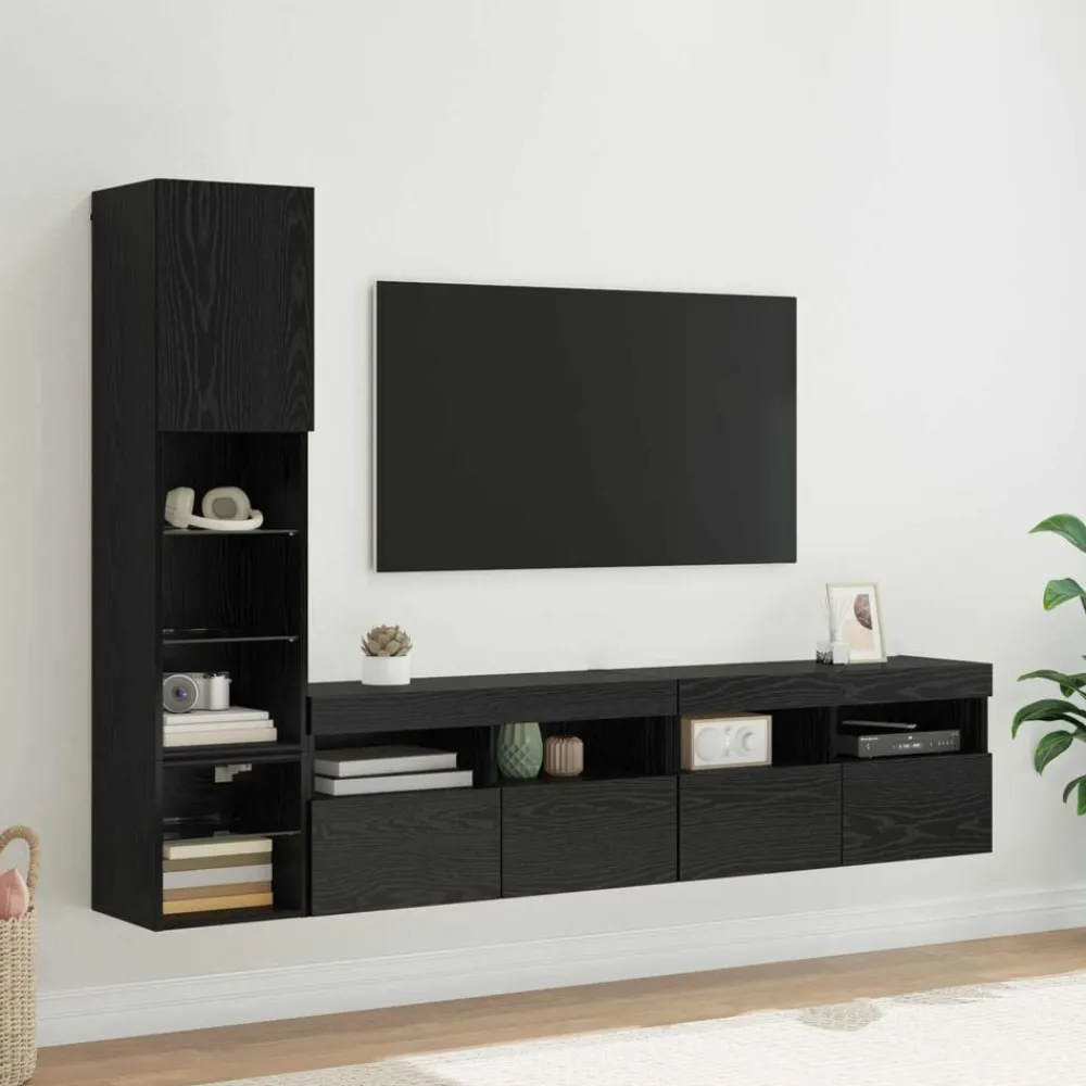 Tv-Meubels*vidaXL TV-wandmeubel met LED 4 pcs Bewerkt hout Zwart eiken