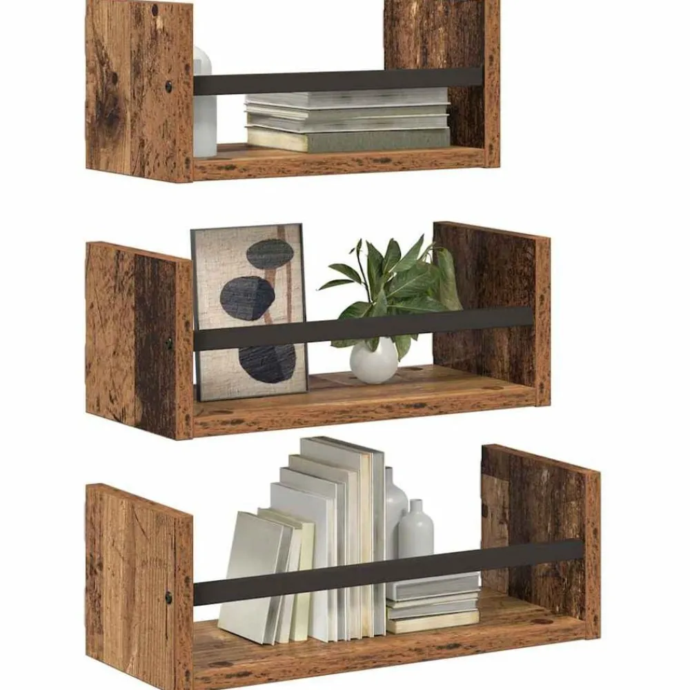 Boekenkasten & Wandplanken*vidaXL Wandplankenset met plank 3 pcs 40x16x14cm Bewerkt hout Oud hout