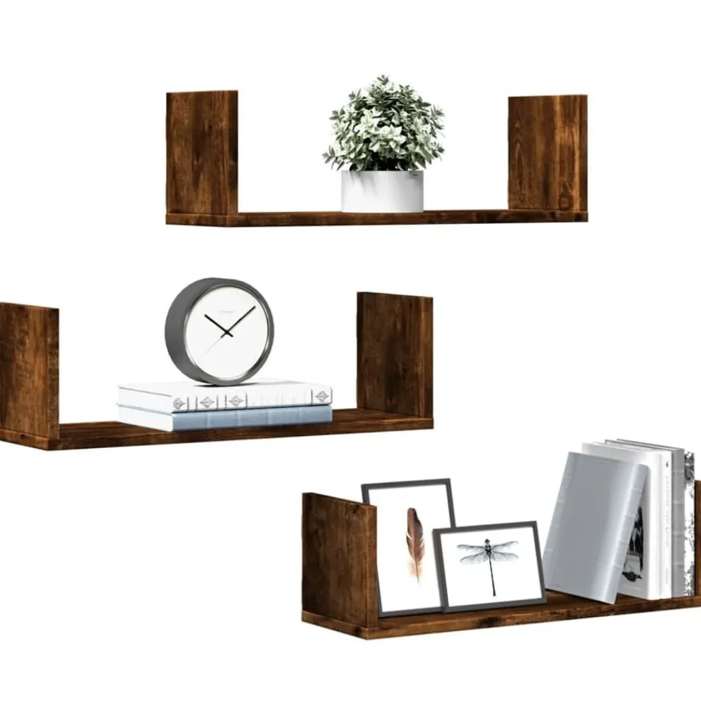 Boekenkasten & Wandplanken*vidaXL Wandschappen 3 st 58x18x18 cm bewerkt hout kleurig Gerookt eiken