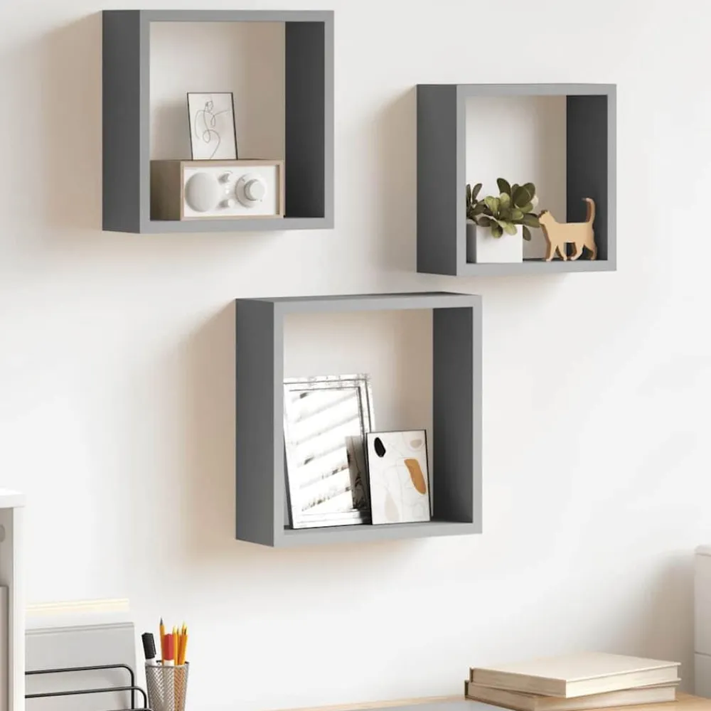 Boekenkasten & Wandplanken*vidaXL Wandschappen kubus 3 st MDF Grijs
