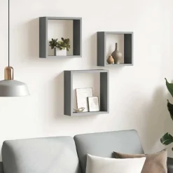 Boekenkasten & Wandplanken*vidaXL Wandschappen kubus 3 st MDF Grijs