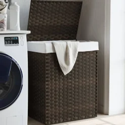 Huishoudelijke Benodigdheden*vidaXL Wasmand met deksel 46x33x60 cm poly rattan Donkerbruin