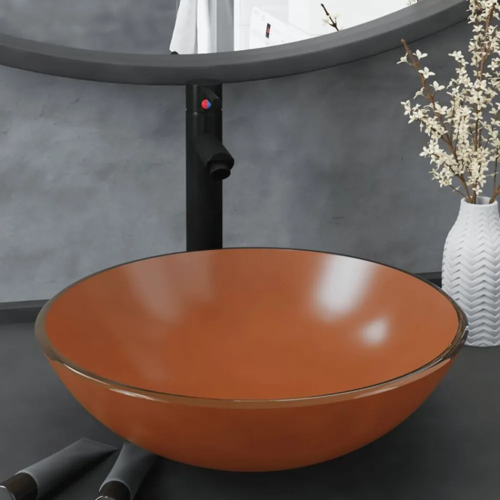 Wastafel met kraan en pop-up afvoer gehard glas bruin>vidaXL Clearance