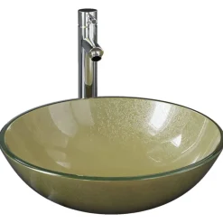 Wastafel met kraan en pop-up afvoer gehard glas goudkleurig>vidaXL Outlet