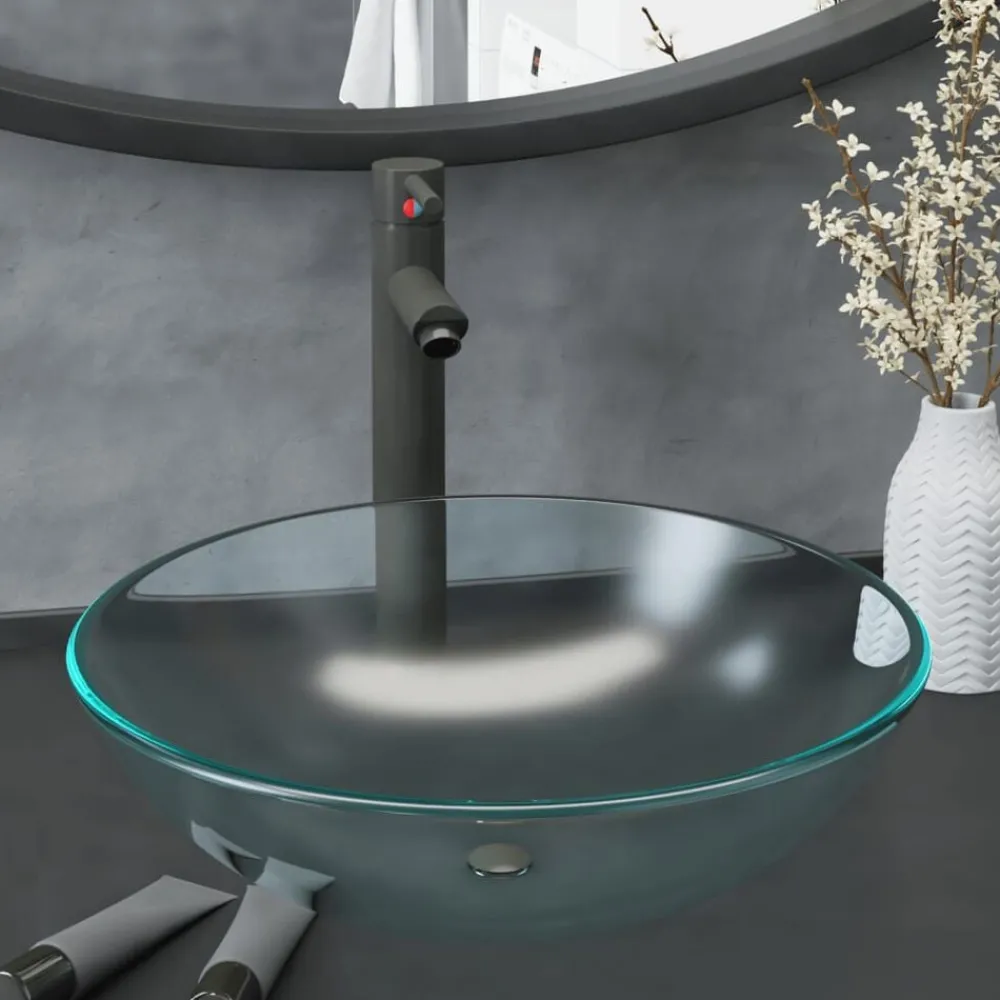 Wastafel met kraan en pop-up afvoer mat gehard glas>vidaXL
