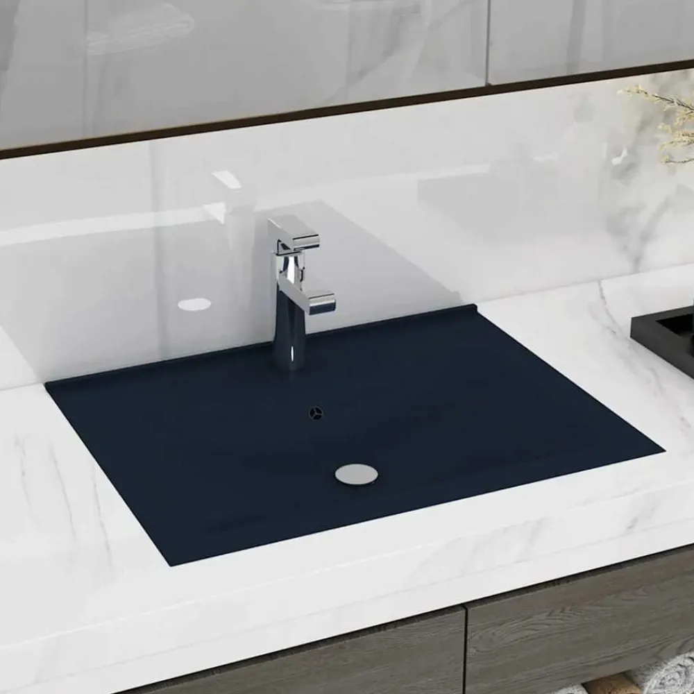 Sanitair & Loodgietersbenodigdheden*vidaXL Wastafel met kraangat 60x46 cm keramiek mat donkerblauw matdonkerblauw
