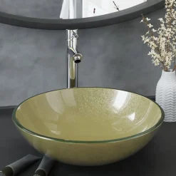 Sanitair & Loodgietersbenodigdheden*vidaXL Wastafel met kraan en pop-up afvoer gehard glas goudkleurig