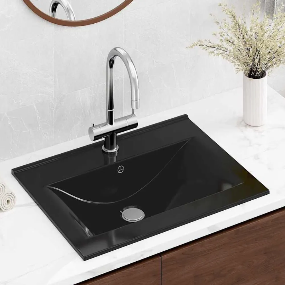 Sanitair & Loodgietersbenodigdheden*vidaXL Wastafel met kraangat rechthoekig 60x46 cm keramiek Zwart