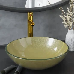 Wastafel met kraan en pop-up afvoer gehard glas goudkleurig>vidaXL Best