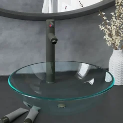 Wastafel met kraan en pop-up afvoer gehard glas transparant>vidaXL Clearance