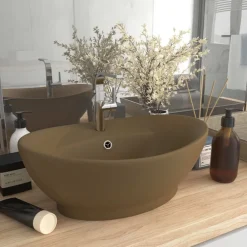 Sanitair & Loodgietersbenodigdheden*vidaXL Wastafel met overloop ovaal 58,5x39 cm keramiek matcrème matecr&egrave;mekleurig