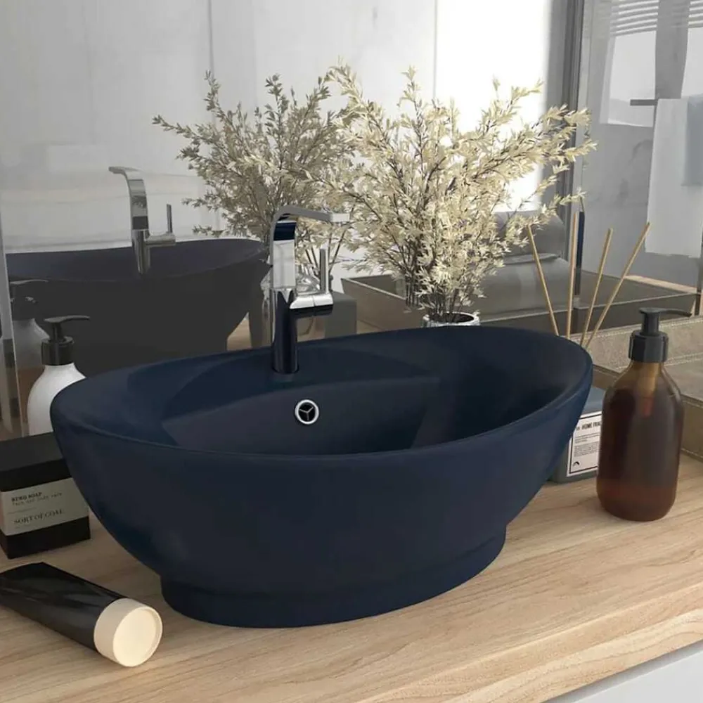 Wastafel met overloop ovaal 58,5x39 cm keramiek mat donkerblauw>vidaXL