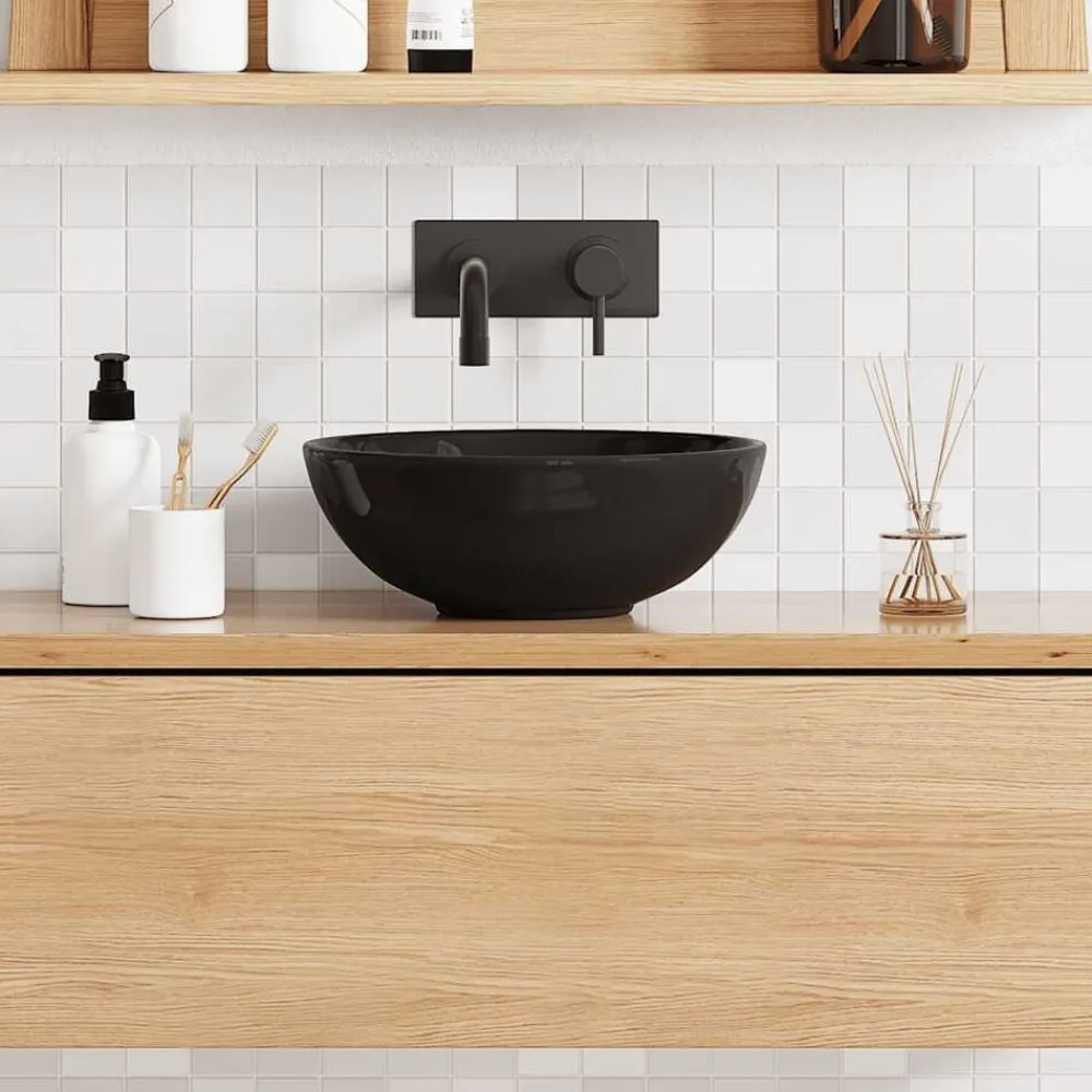 Sanitair & Loodgietersbenodigdheden*vidaXL Wastafel Ø28x10 cm keramiek glanzend Zwart